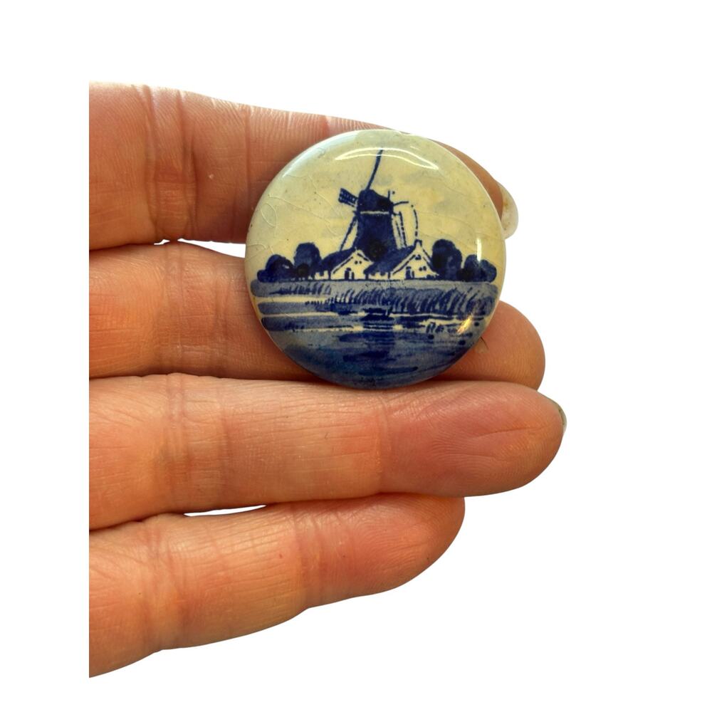Vintage Delft Holland Porcelain Brooch Blue White Windmill Pin Dutch Souvenir